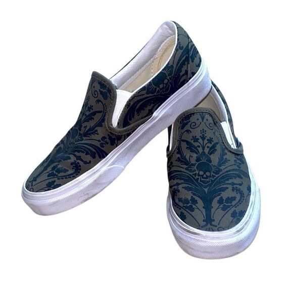 Vans Shoes - Vans Army Green Dark Floral Slip-On Shoes With Skull Design Size 5.5 Womens​​​​​